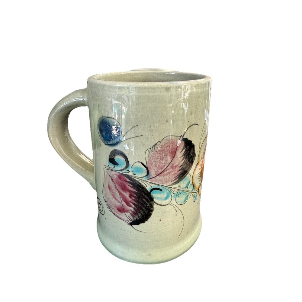 Noe Sure Mexico Hand Painted Tonala Large Mug Stein Vintage Folk Art Floral